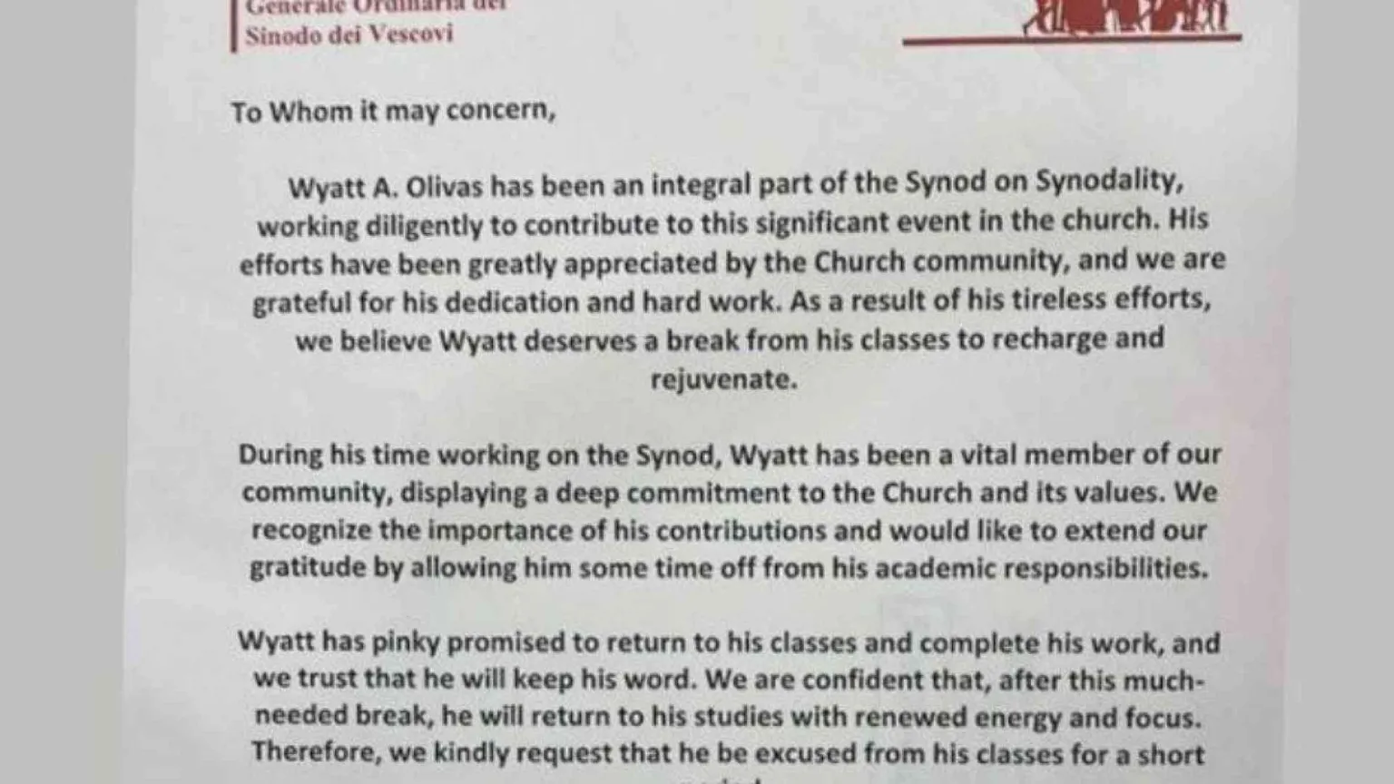 Lo studente «assente per Sinodo». Il Papa firma la giustificazione