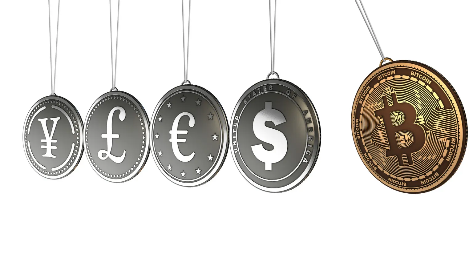 L'illustrazione mostra una serie di monete, da quelle tradizionali ai bitcoin