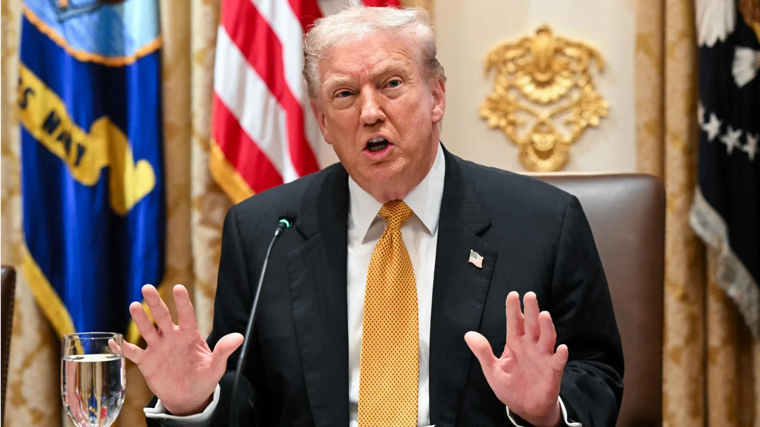 Un primo piano di Trump che mette le mani avanti, con i palmi aperti