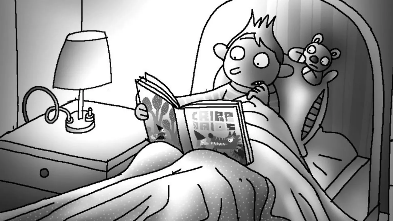 Un bimbo legge una fiaba nel su letto, al buio: l'illustrazione pubblicata su Popotus