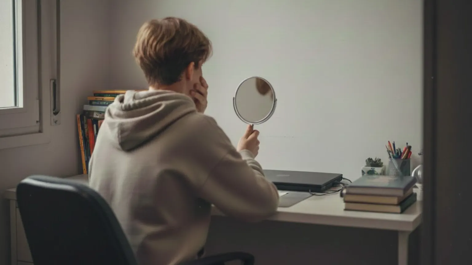 Un ragazzino si guarda allo specchio
