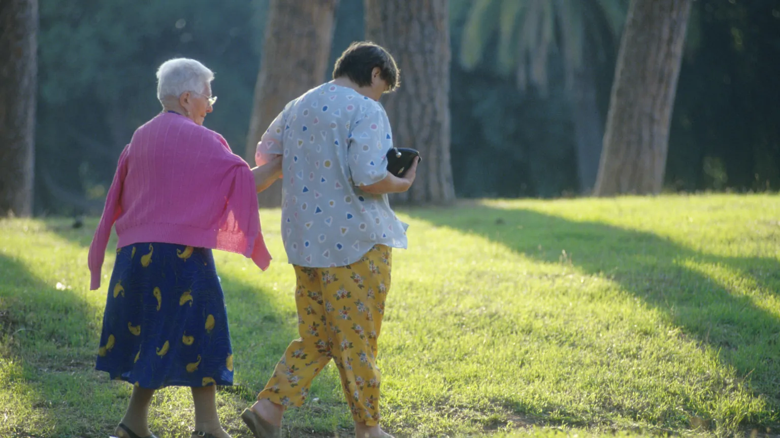 Nella foto si vedono una signora anziana con la sua badante mentre fanno una passeggiata in un parco