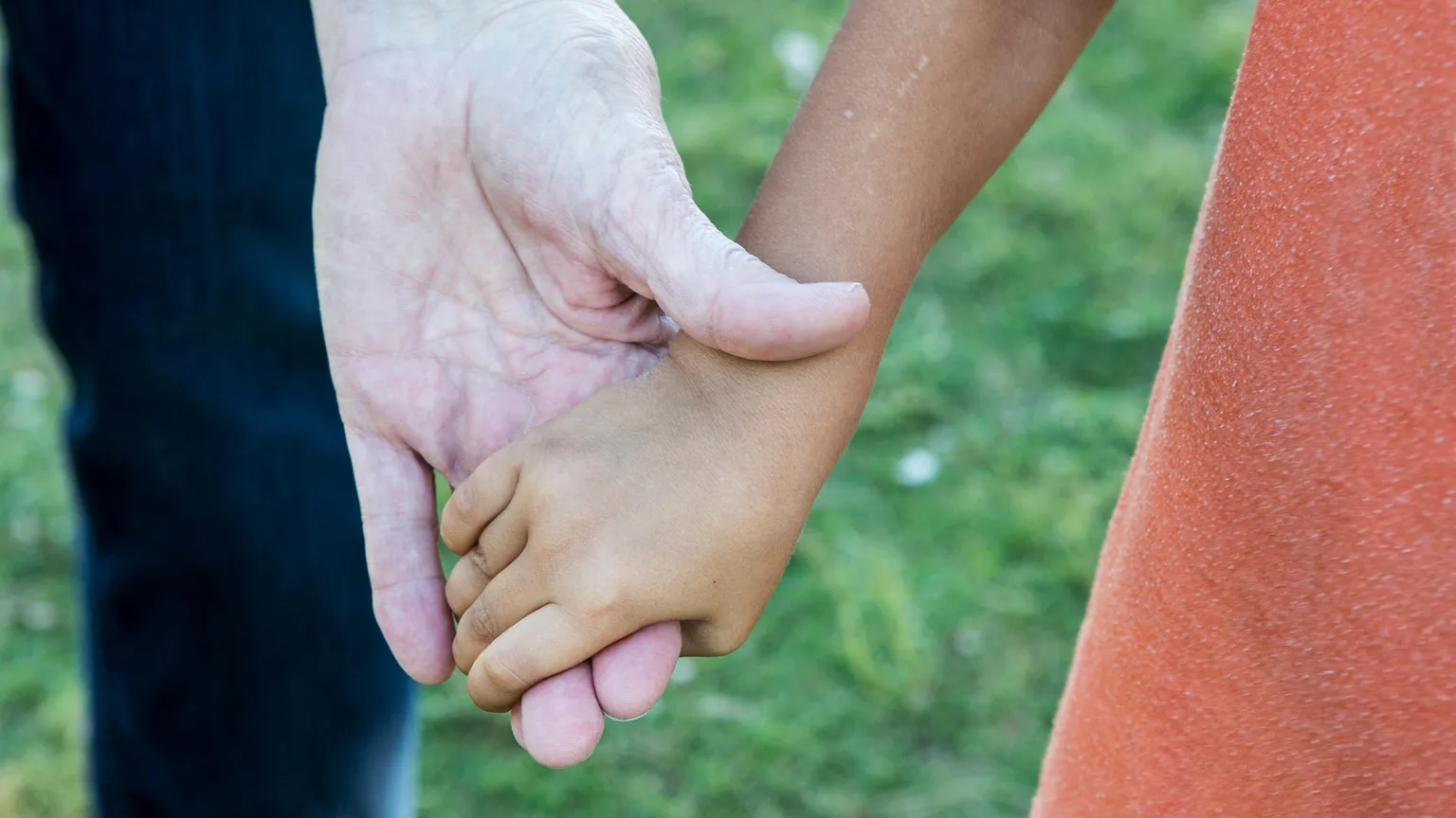 Due mani che si stringono: quella di un adulto e di un bimbo adottato