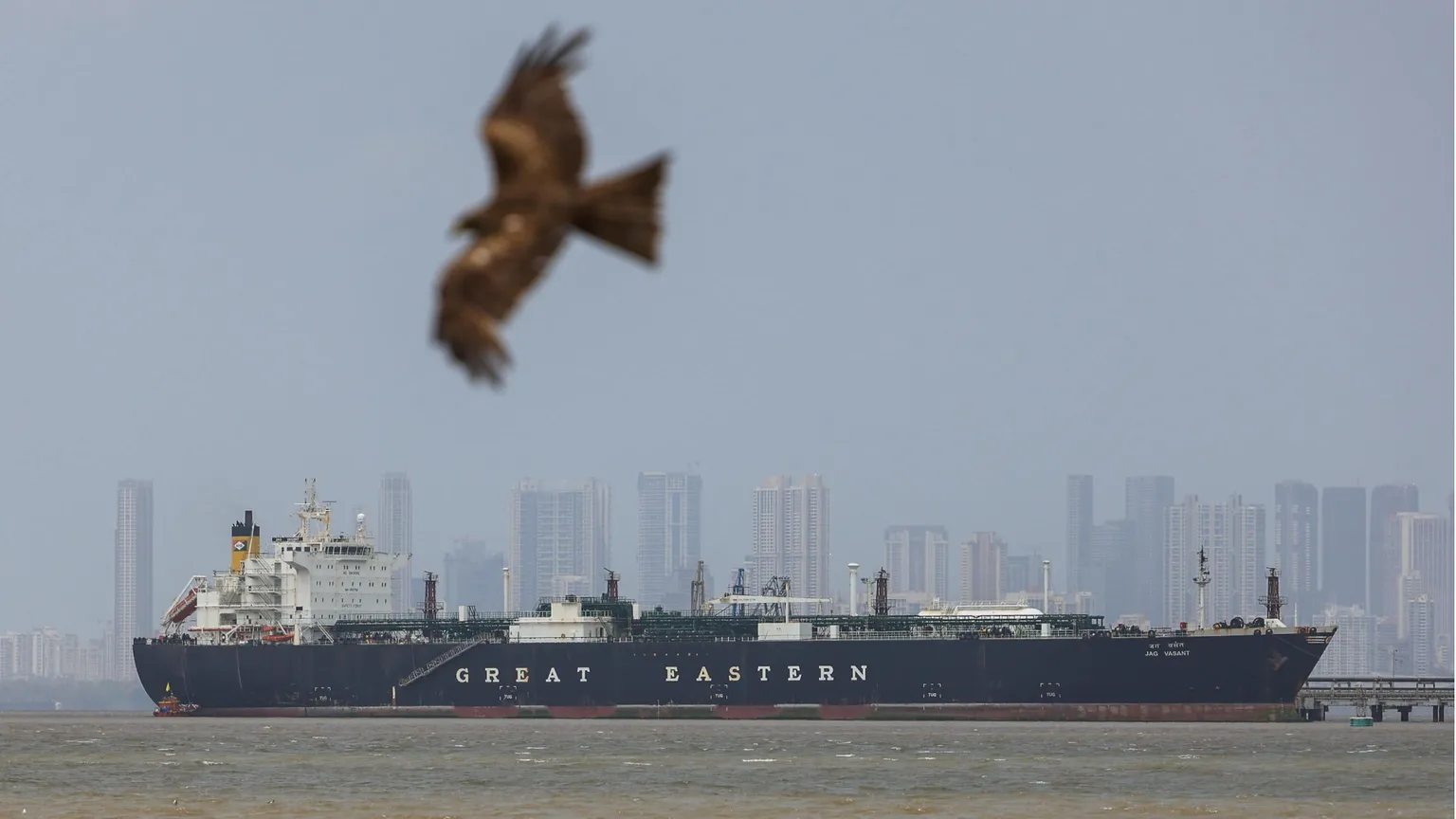 La nave mercantile battente bandiera indiana Jag Vasant arriva al porto di Mumbai, in India, dopo aver attraverso lo Stretto di Hormuz