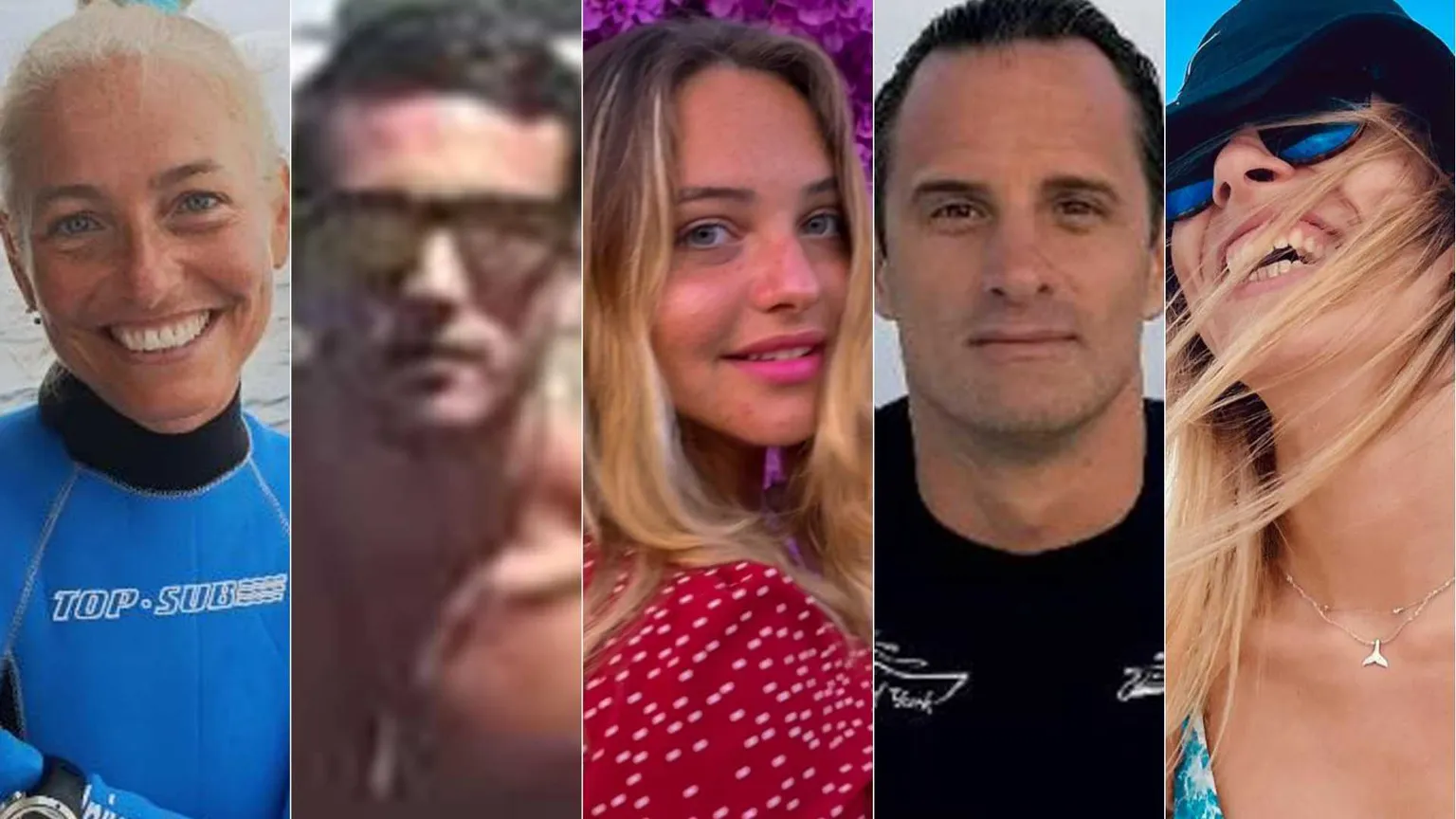 Nella combo, da sinistra Monica Montefalcone, Federico Gualtieri, Giorgia Sommacal, Gianluca Benedetti e Muriel Oddenino, morti in un'immersione alle Maldive