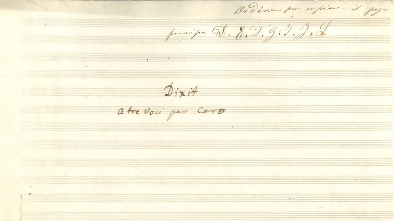 Il frontespizio dell'autografo del salmo "Dixit" di Gaetano Donizetti, ritrovato a Bergamo