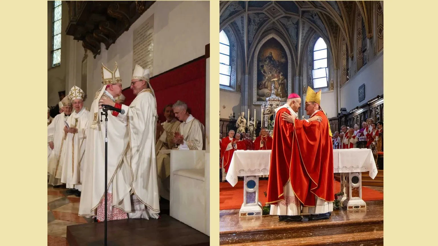 L'abbraccio tra emeriti e successori: a sinistra Toso saluta Morandi, nuovo vescovo di Faenza-Modigliana, a destra Redaelli abbraccia Dianin, nuovo arcivescovo di Gorizia / I.TASSINI (per Gorizia)