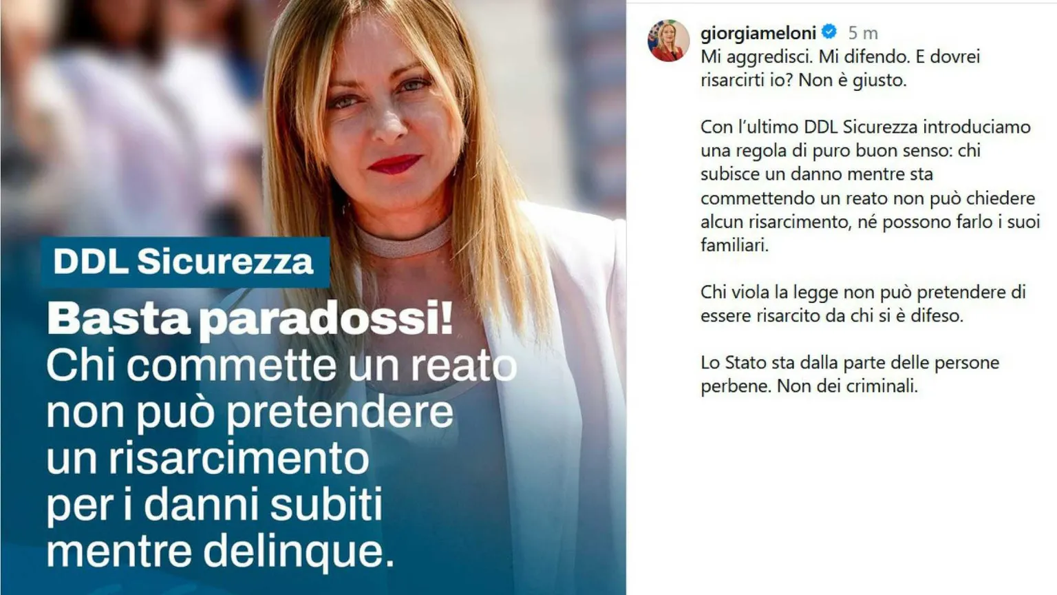 Il post pubblicato dalla Premier Giorgia Meloni sul suo profilo Instagram