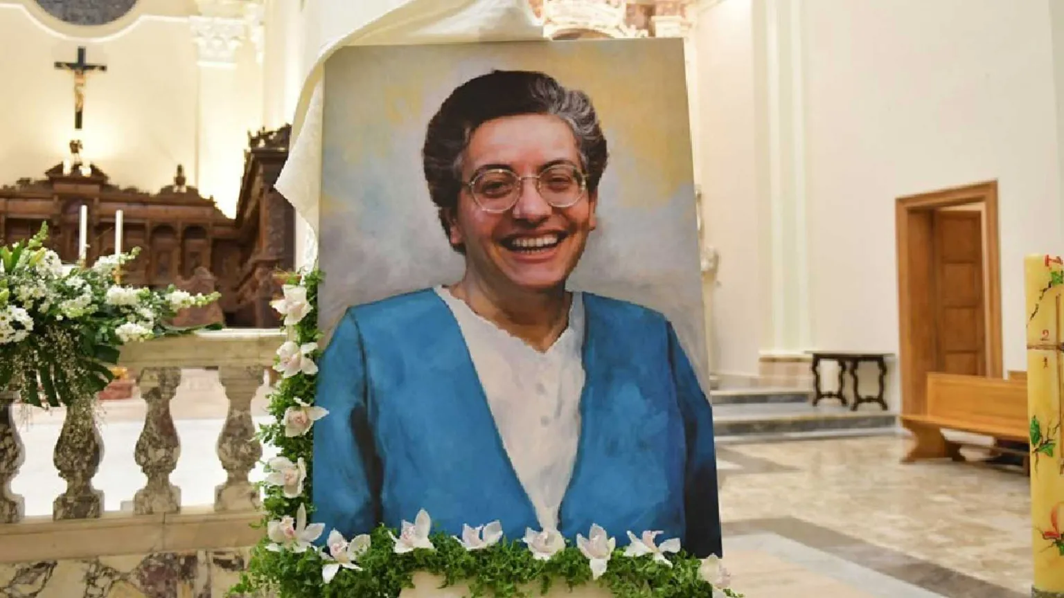 Il ritratto della serva di Dio Antonia Cosima Guadalupi, Antonietta (Brindisi, 22 novembre 1947 - Milano, 30 luglio 2001), esposto a Brindisi per l’apertura della causa di beatificazione