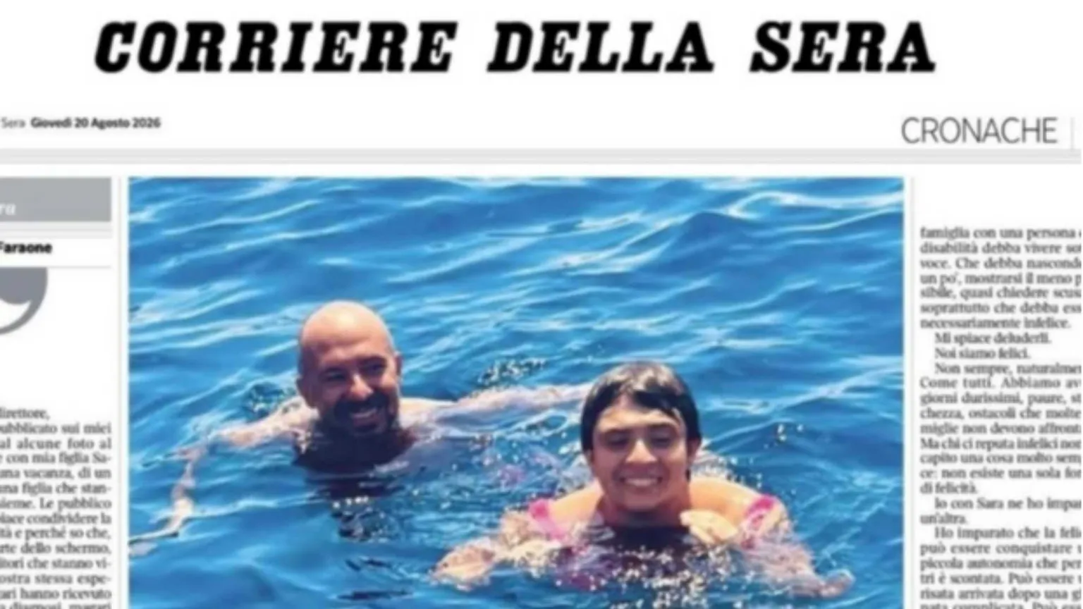 La foto di Davide Faraone con sua figlia Sara al mare pubblicata sul “Corriere della sera”