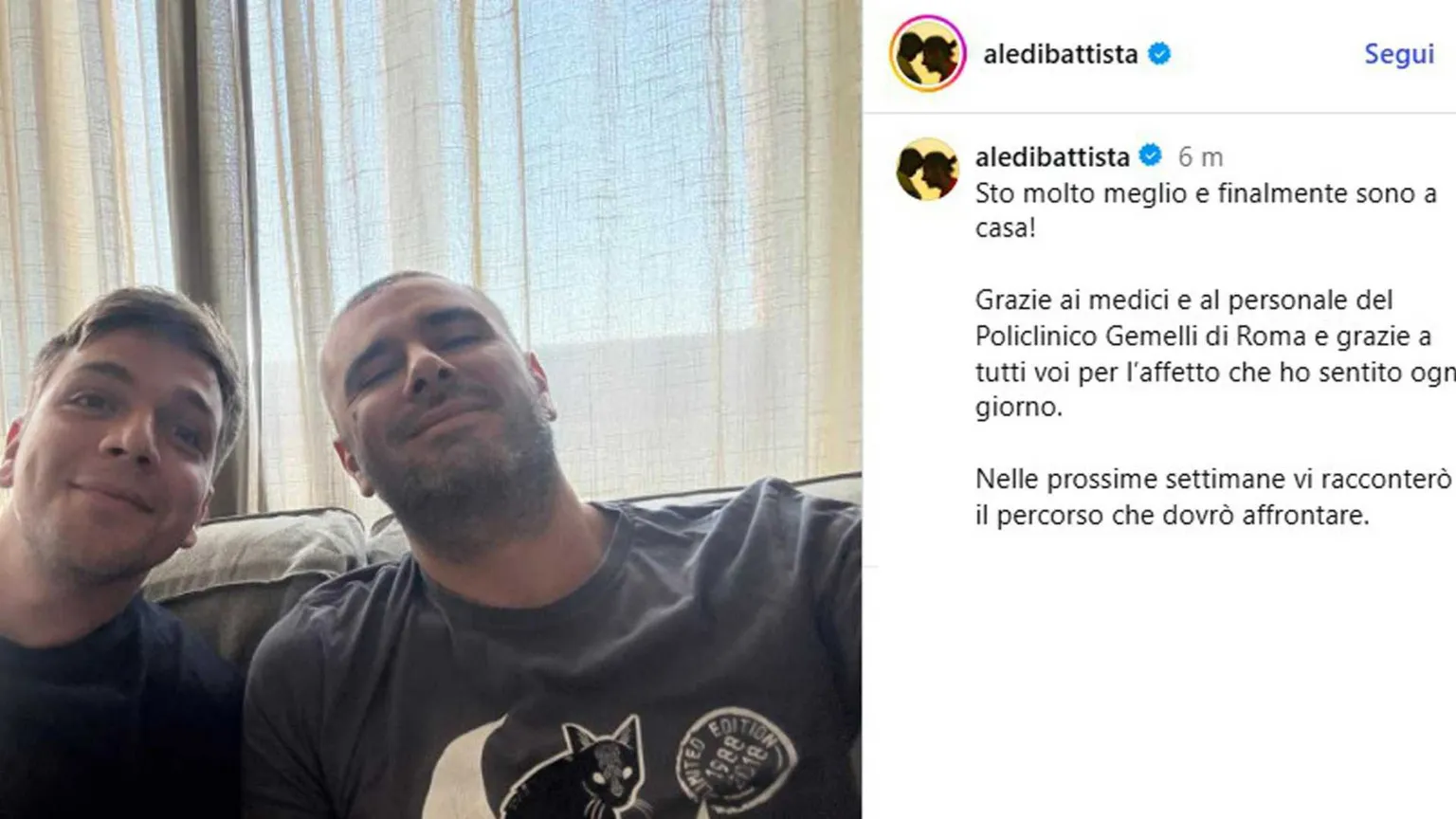 Di Battista è uscito dal Gemelli: è a casa