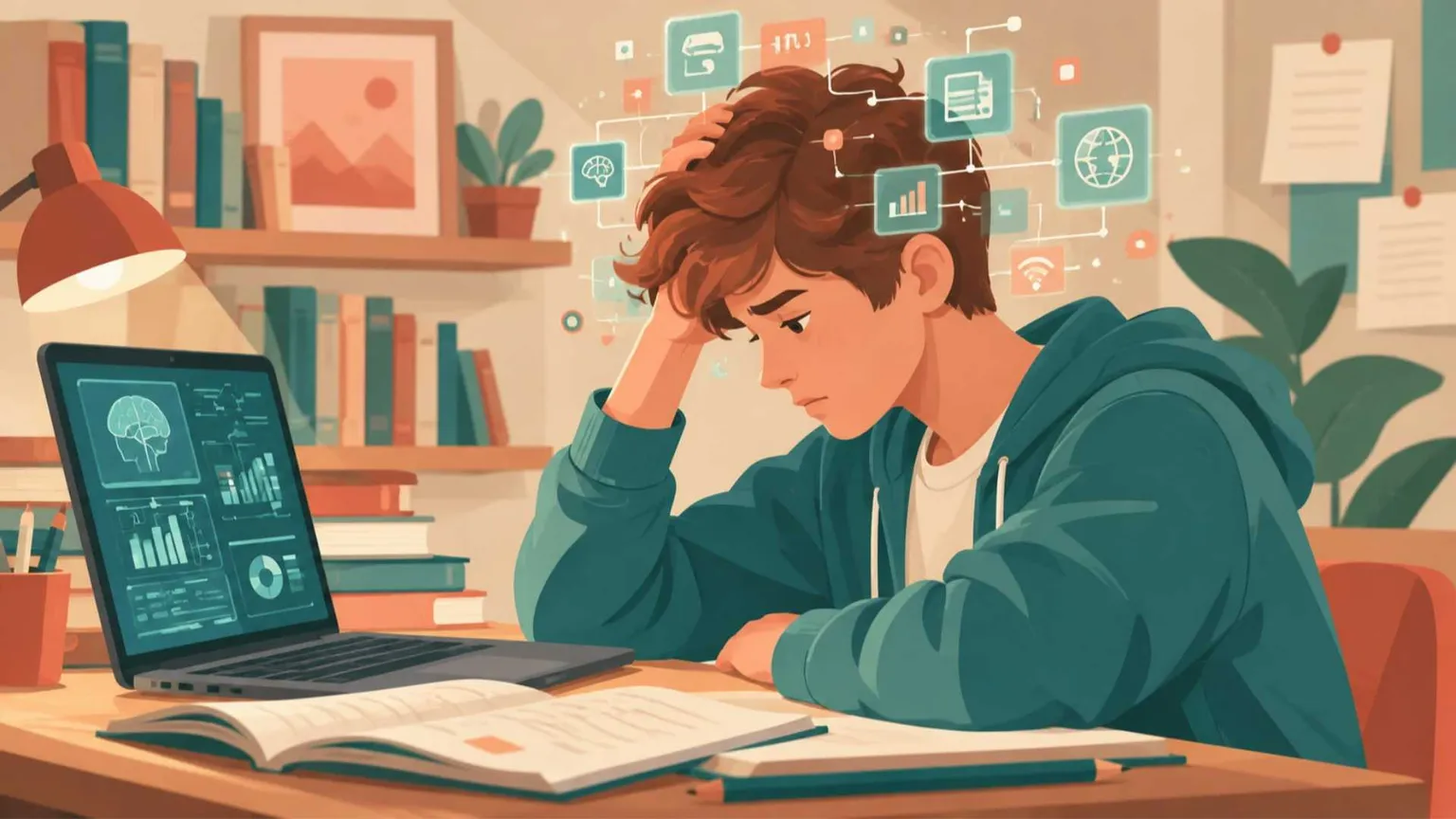 Un ragazzo studia nella sua cameretta. L'immagine è stata generata con l'IA per questo articolo dagli studenti delle Scuole Medie coinvolti nel progetto acutisai.it