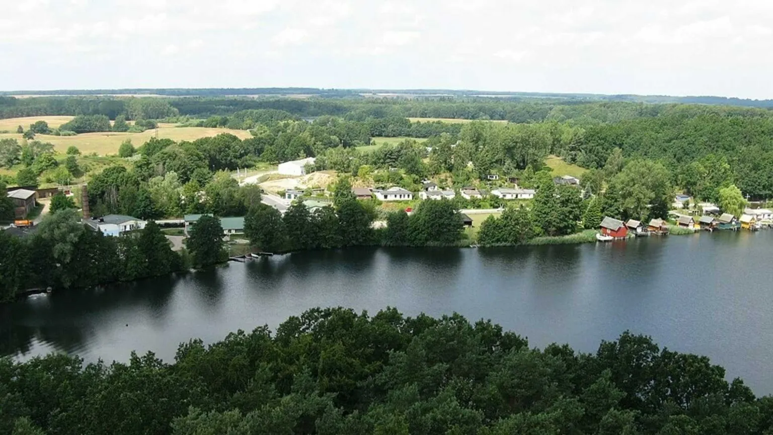Vista dall'alto su un lago circondato da alberi e da abitazioni