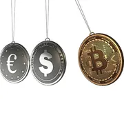 L'illustrazione mostra una serie di monete, da quelle tradizionali ai bitcoin