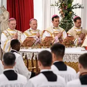 I quattro vescovi lefebvriani consacrati oggi a Econe, in Svizzera: Pascal Schreiber, Michael Goldade, Michel Poinsinet de Sivry e Marc Hanappier / ANSA
