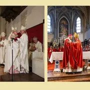 L'abbraccio tra emeriti e successori: a sinistra Toso saluta Morandi, nuovo vescovo di Faenza-Modigliana, a destra Redaelli abbraccia Dianin, nuovo arcivescovo di Gorizia / I.TASSINI (per Gorizia)