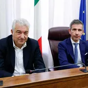 Domenico Arcuri (S) affiancato da Marco Lisei durante l'audizione alla commissione parlamentare di inchiesta sulla gestione dell'emergenza sanitaria causata dalla diffusione epidemica del COVID. ANSA/FABIO FRUSTACI