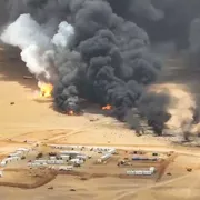 Basse costruzioni bianche in mezzo al deserto di sabbia ocra, sullo sfondo il fumo nerissimo dei bombardamenti