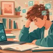Un ragazzo studia nella sua cameretta. L'immagine è stata generata con l'IA per questo articolo dagli studenti delle Scuole Medie coinvolti nel progetto acutisai.it