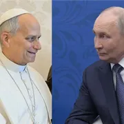 La combo che ritrae a sinistra Leone XIV e a destra Putin