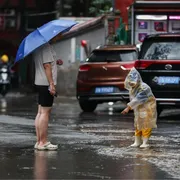 Mamma e figlia in strada sotto la pioggia