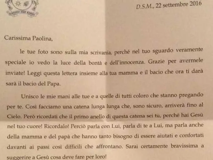 Il Papa scrive a bimba malata. La lettera letta ai funerali