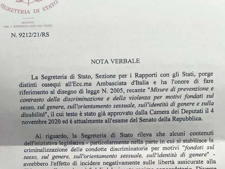 Ddl Zan, ecco il testo della nota della segreteria di Stato del Vaticano