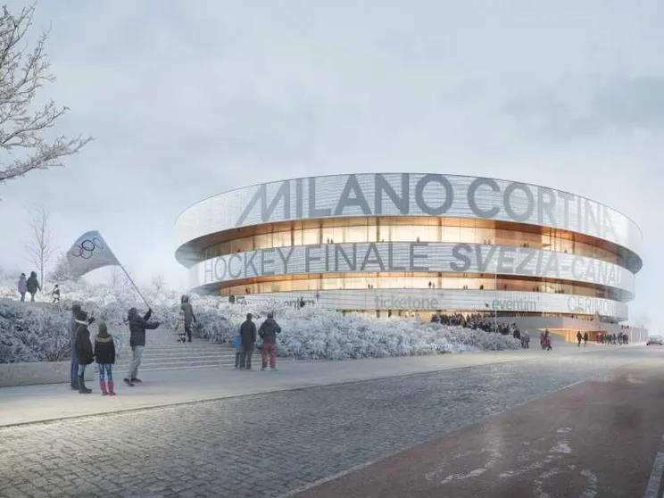 Rendering della nuova arena Milano Santa Giulia per le Olimpiadi di Milano Cortina 2026: l'edificio è ormai quasi completato