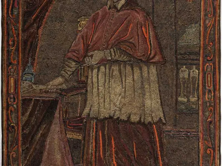 Il mosaico in piume che ritrae Giulio Rospigliosi