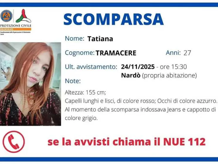L'avviso diffuso dalla Protezione Civile per la ricerca di Tatiana Tramacere, la ragazza scomparsa, che vive a Nardò, in provincia di Lecce e ritrovata ieri