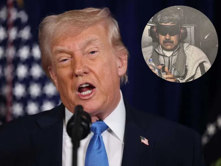 Trump durante la conferenza stampa e nella foto nel cerchio Maduro subito dopo l'arresto
