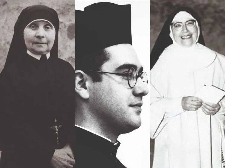 A sinistra Maria Agnese Tribbioli, venerabile; al centro don Jaun Torres Torres, beato; a destra Maria Petra Giordano, venerabile