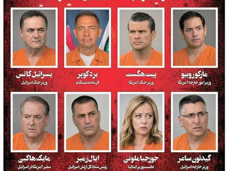 La lista nera dei leader considerati responsabili della morte di Khamenei, pubblicata da un quotidiano iraniano. Nella terza riga appare anche Giorgia Meloni / FOTOGRAMMA