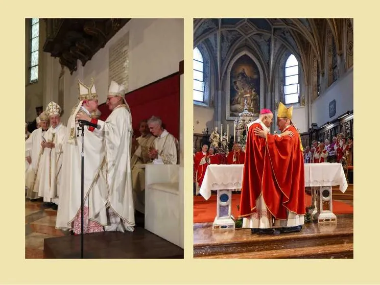 L'abbraccio tra emeriti e successori: a sinistra Toso saluta Morandi, nuovo vescovo di Faenza-Modigliana, a destra Redaelli abbraccia Dianin, nuovo arcivescovo di Gorizia / I.TASSINI (per Gorizia)