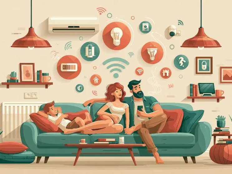 Una famiglia sul divano: l'immagine è stata generata con l'IA per questo articolo dagli studenti delle Scuole Medie coinvolti nel progetto acutisai.it