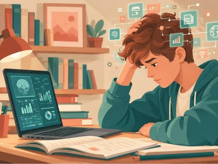 Un ragazzo studia nella sua cameretta. L'immagine è stata generata con l'IA per questo articolo dagli studenti delle Scuole Medie coinvolti nel progetto acutisai.it