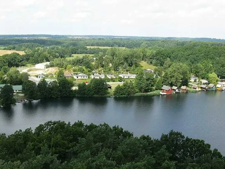 Vista dall'alto su un lago circondato da alberi e da abitazioni