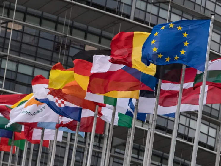 Le bandiere degli Stati Ue davanti al Parlamento Europeo a Strasburgo