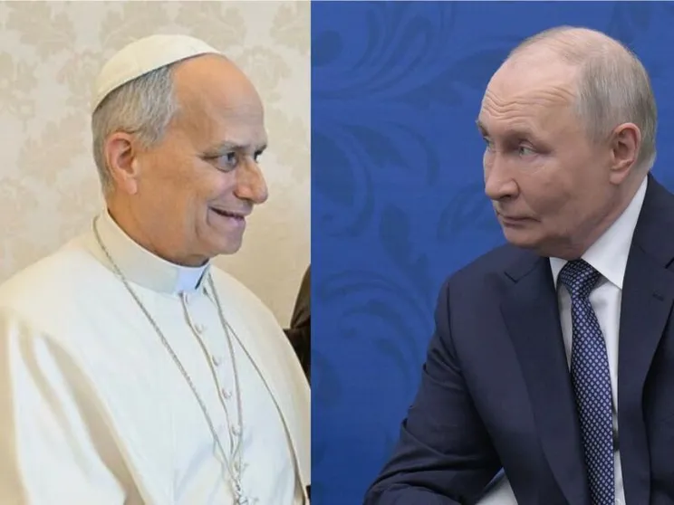La combo che ritrae a sinistra Leone XIV e a destra Putin