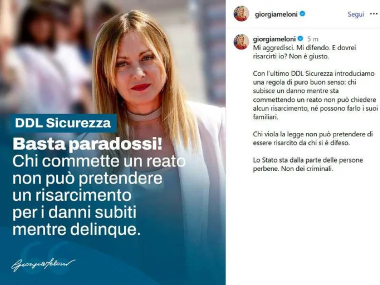 Il post pubblicato dalla Premier Giorgia Meloni sul suo profilo Instagram