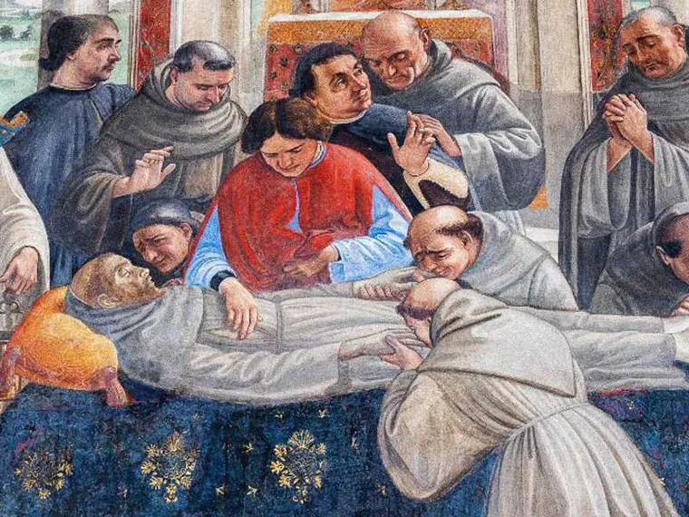 Morte di San Francesco. Ciclo di affreschi con le Storie di san Francesco d'Assisi di Domenico Ghirlandaio. Cappella Sassetti nella Chiesa della Santa Trinità a Firenze / SICILIANI