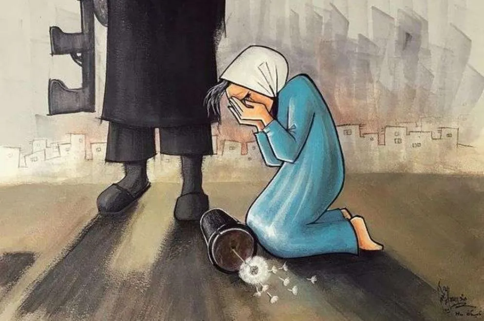 In una delle sue ultime opere l’artista ha raffigurato una donna in ginocchio al cospetto di un uomo armato (un chiaro riferimento alla conquista dei talebani). Accanto a lei c’è un vaso caduto, con un fiore, non è ancora rotto. Che sia la possibilità di raccoglierlo?
