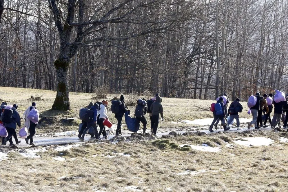 In marcia nel gelo, con la neve, attraverso i boschi
