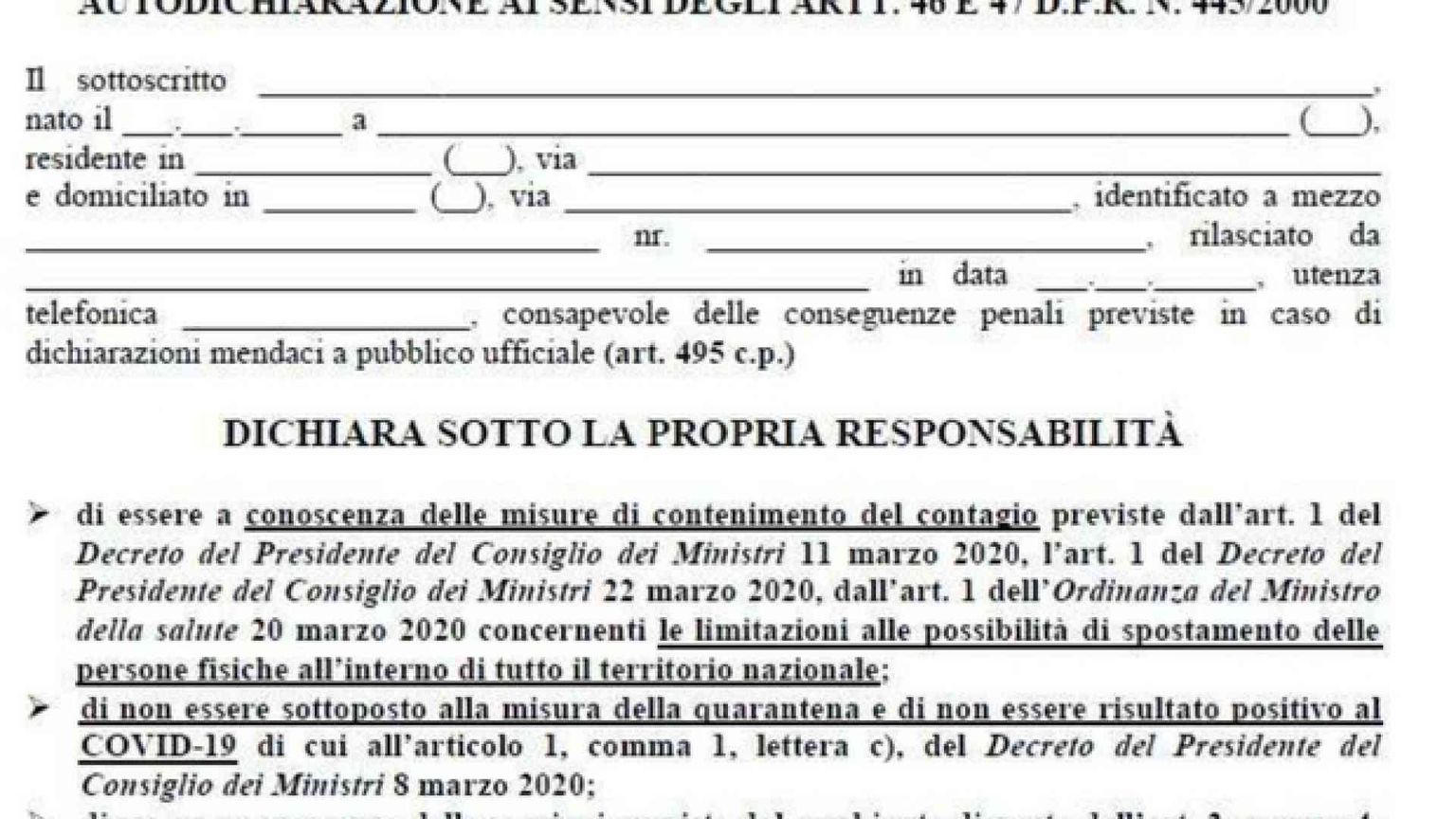 Ecco il nuovo modulo per l'autocertificazione degli spostamenti