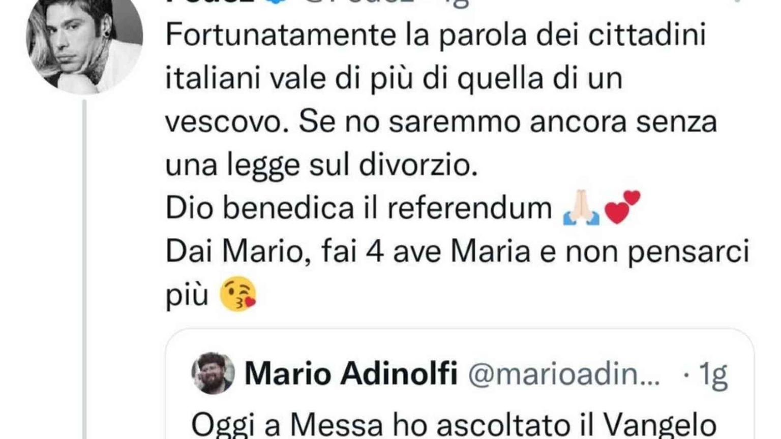 Referendum sull’eutanasia, su Twitter polemica tra Fedez e Adinolfi