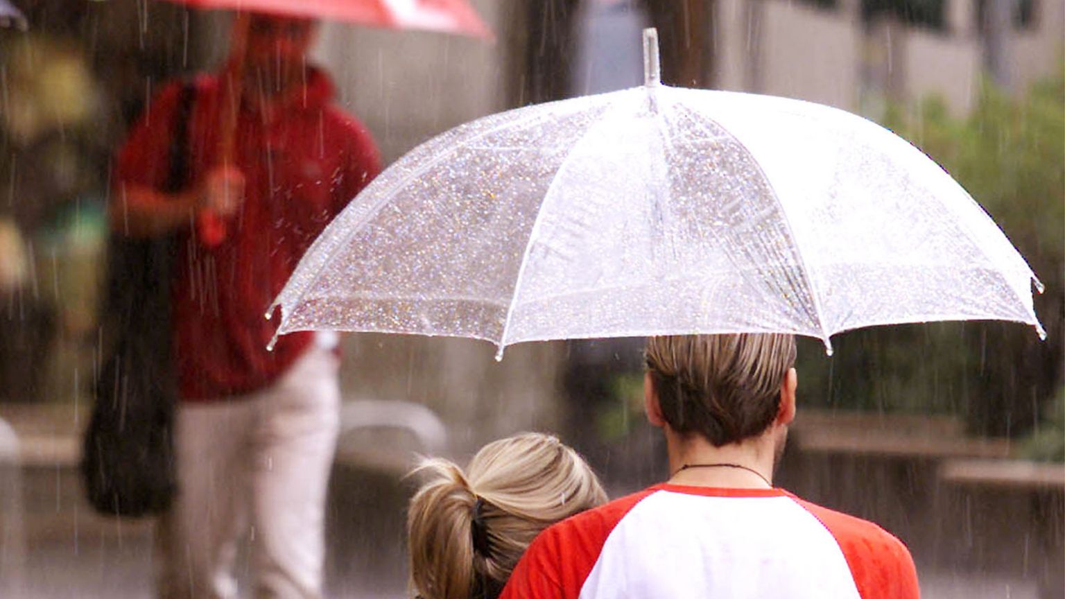 Due persone di spalle camminano abbracciate sotto un ombrello trasparente, sotto la pioggia. La strada è bagnata; sullo sfondo passano altri pedoni con ombrelli rossi. La persona a destra indossa una maglia bianca con maniche rosse, l’altra un maglione sc