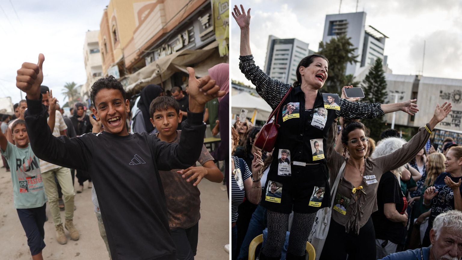 Due momenti dei festeggiamenti in strada a Gaza e Tel Aviv dopo il raggiungimento dell'accordo tra Israele e Hamas