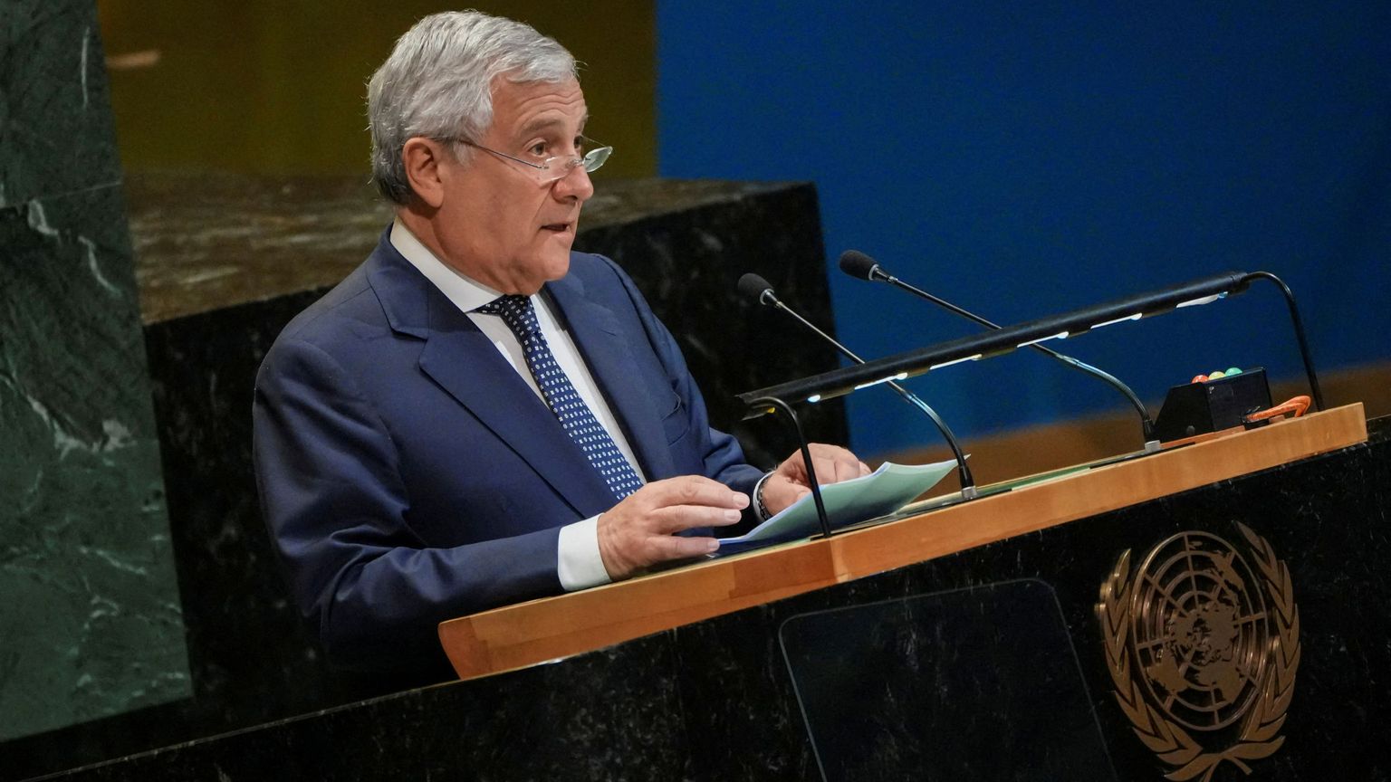 Il ministro degli Esteri Antonio Tajani parla all'Onu