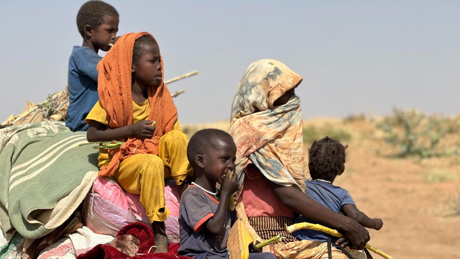 Una donna con la testa coperta e quattro bambini, tutti seduti su un mucchio di sacchi e coperte, a bordo di un carretto trainato da un asino