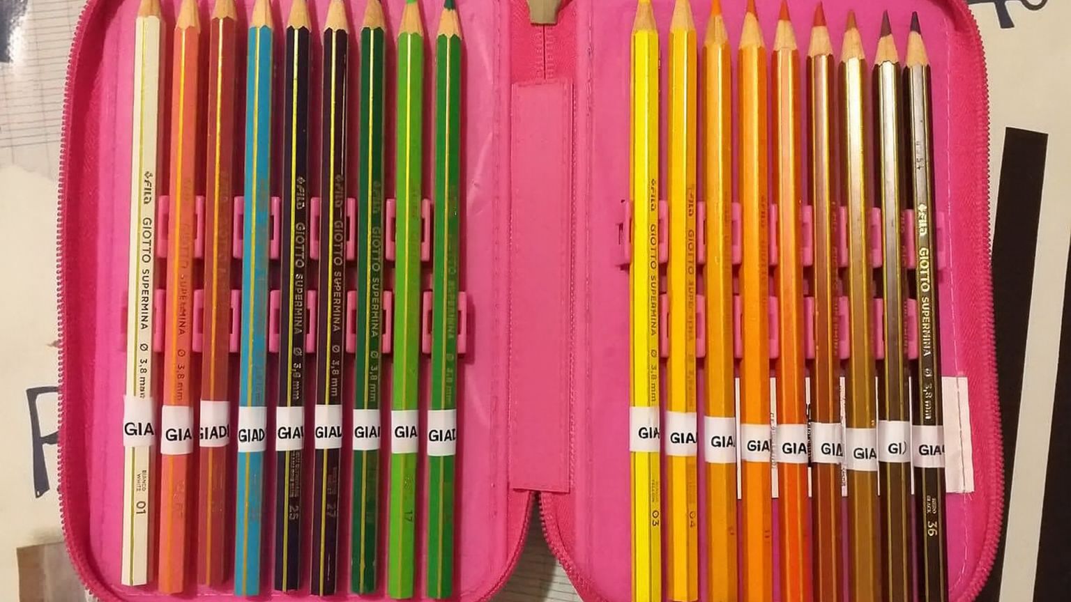 Un astuccio con le matite contrassegnate con il nome del suo piccolo proprietario